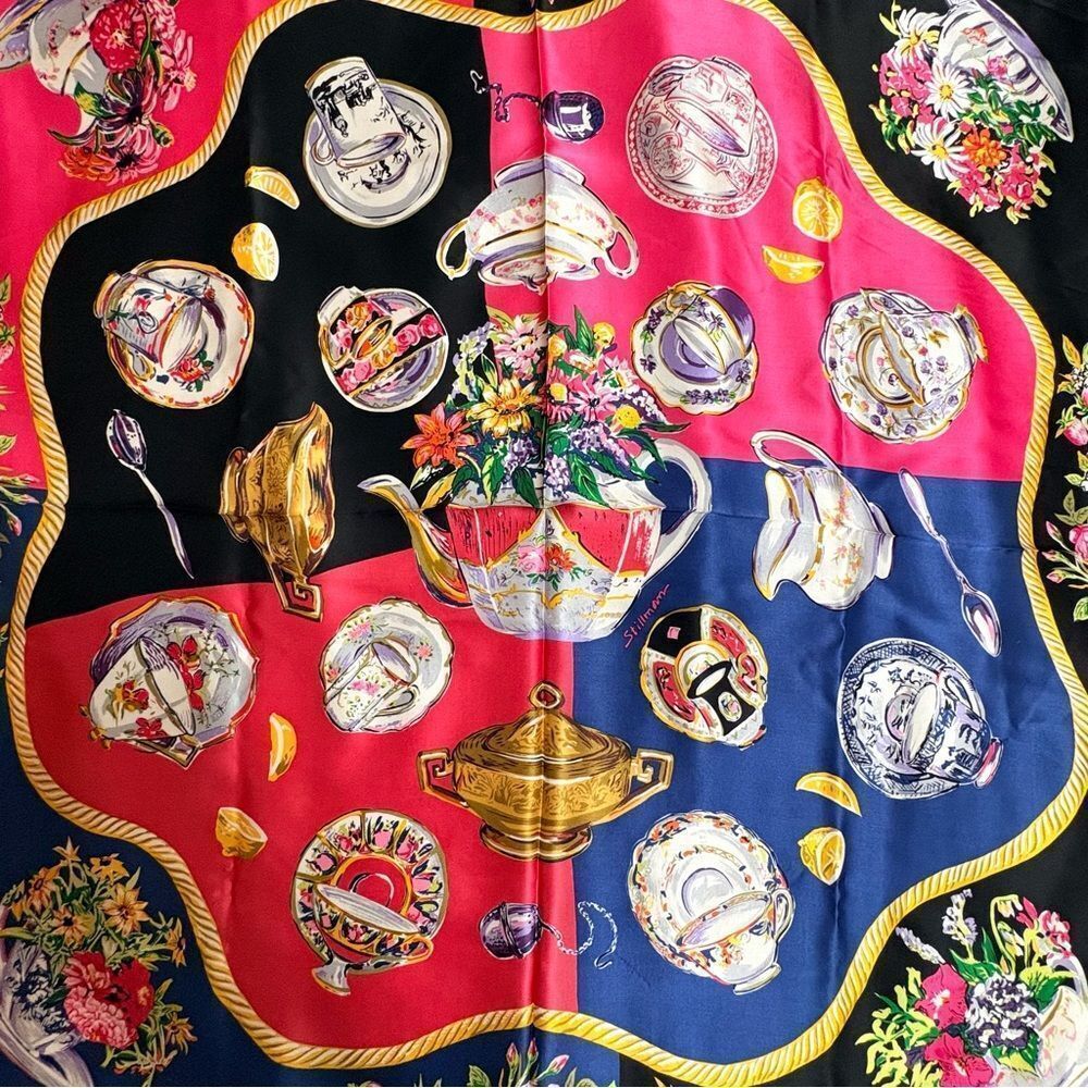 Vintage Eve Stillman Design Large Silk Scarf Teacups, Teapots & Flowers Print